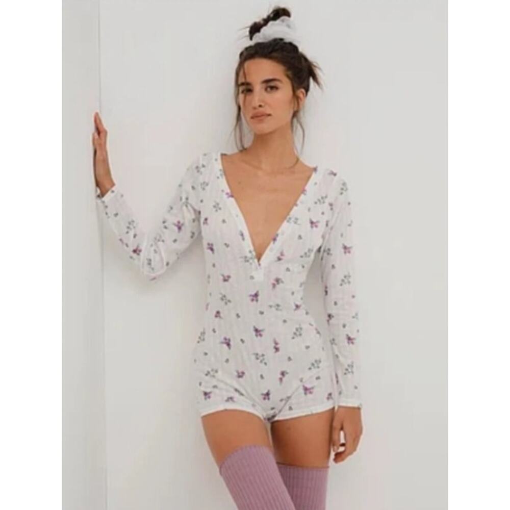 NWT For Love & Lemons XX Pointelle Romper Purple Pink Rose Sleepwear